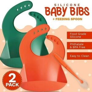 New Silicone Baby Bibs with Feeding Spoon - 2 Pack